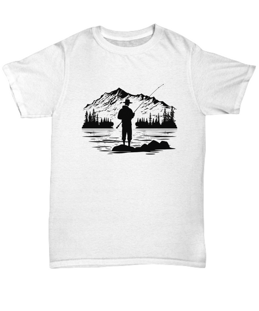 Mountain Lake Fishing Scene, unisex tee, t-shirt