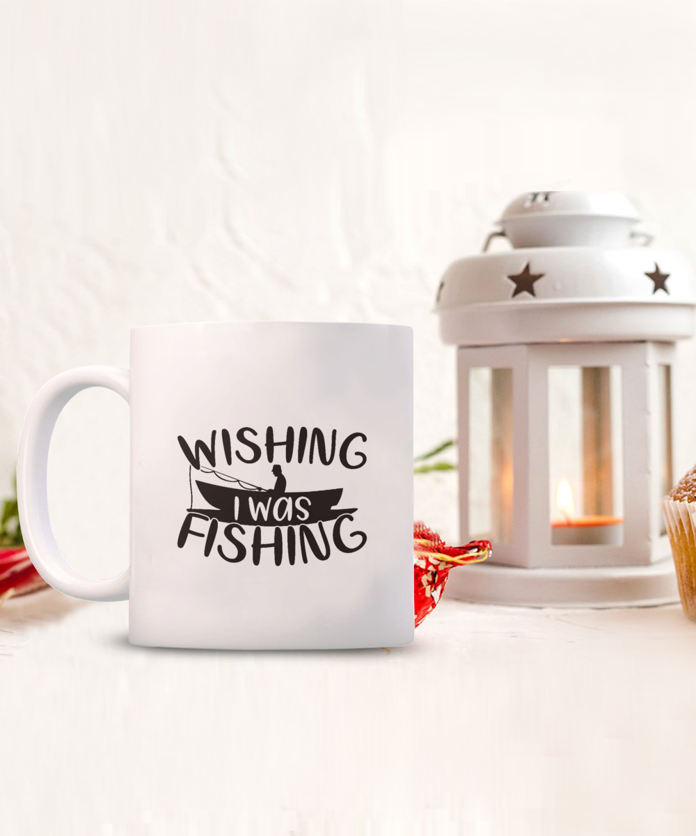 Wishing I was fishing, 11oz mug, Coffee Mug, Fun, White