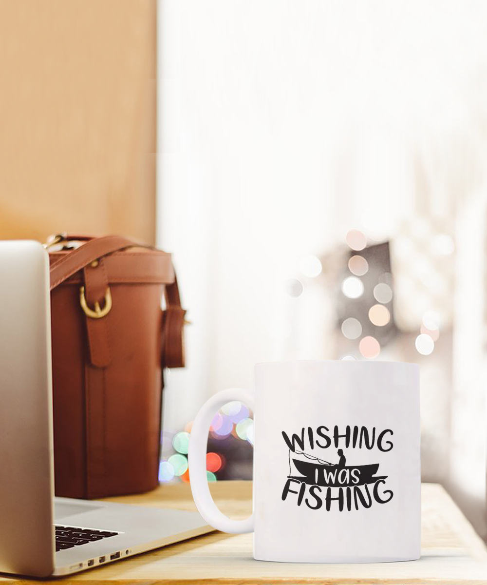 Wishing I was fishing, 11oz mug, Coffee Mug, Fun, White