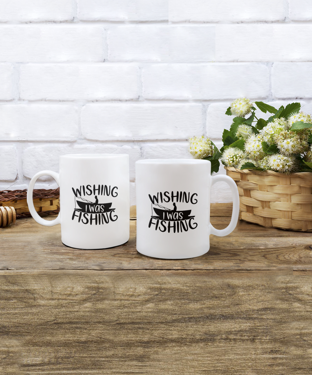 Wishing I was fishing, 11oz mug, Coffee Mug, Fun, White